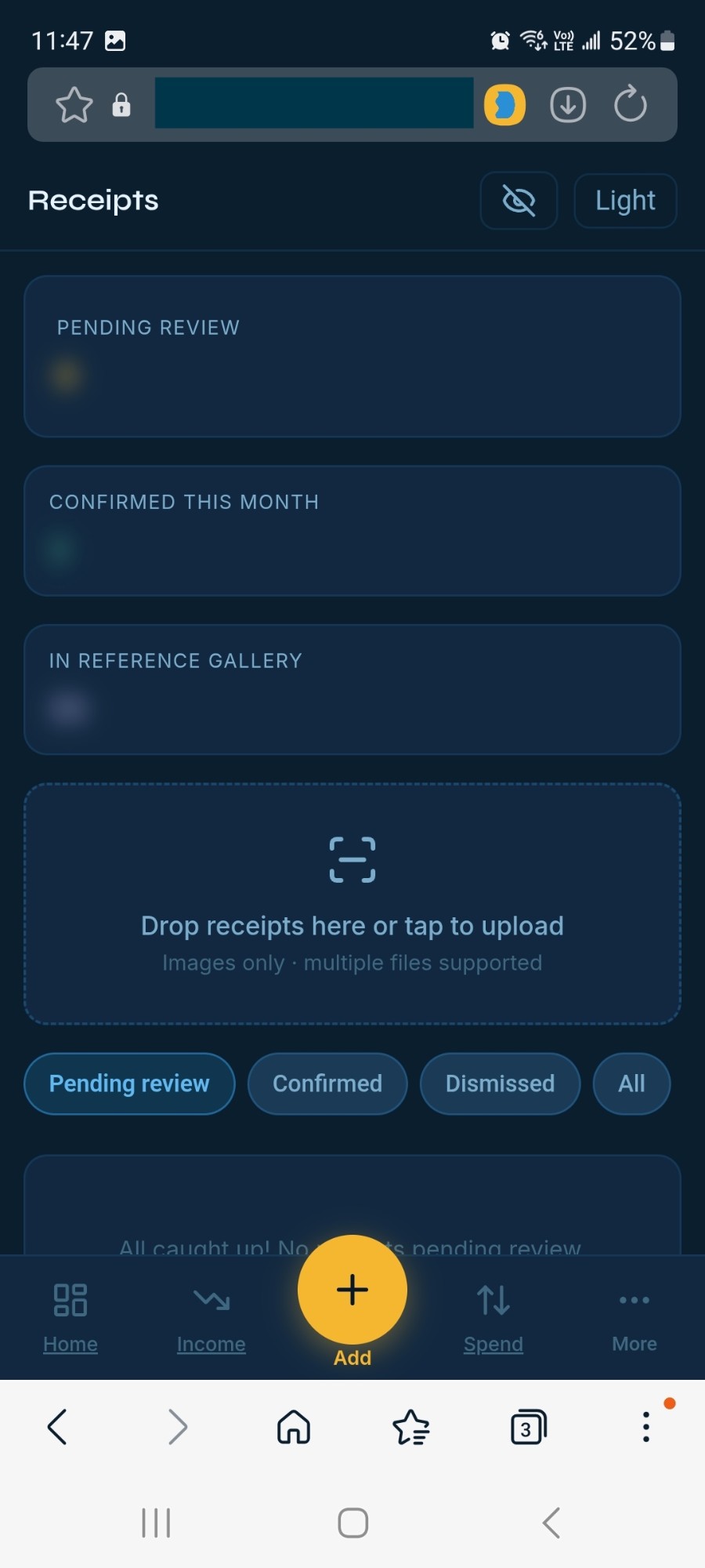 drop a receipt, every detail captured: pending review, confirmed, filed