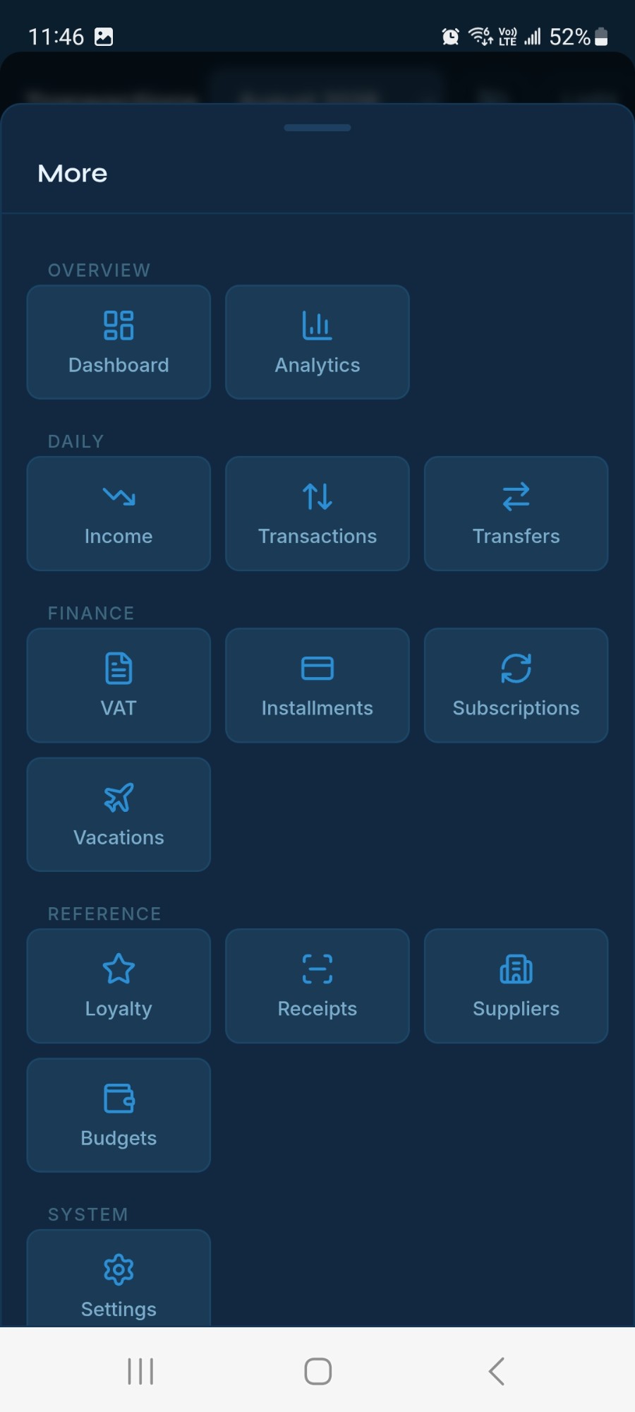 what it grew into: income, VAT, installments, subscriptions, budgets, suppliers, vacations