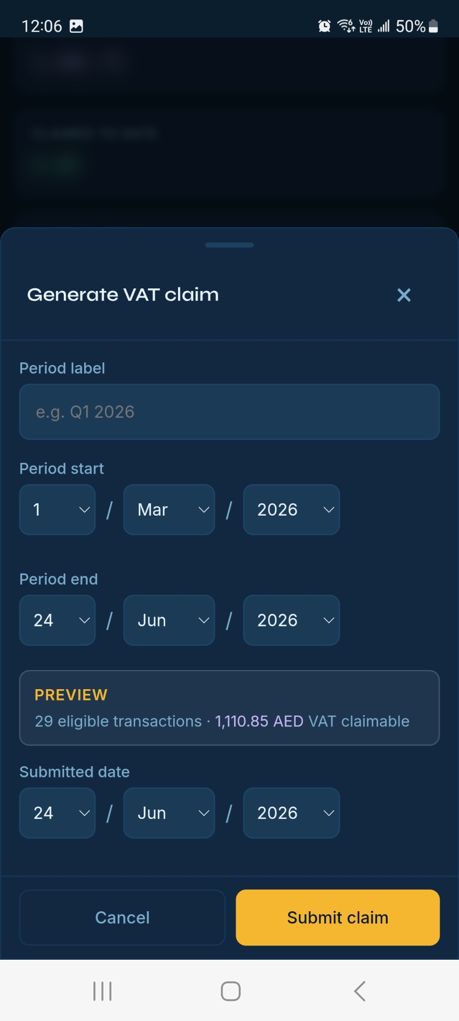 a quarter assembled in one tap: 29 eligible transactions, 1,110.85 AED claimable