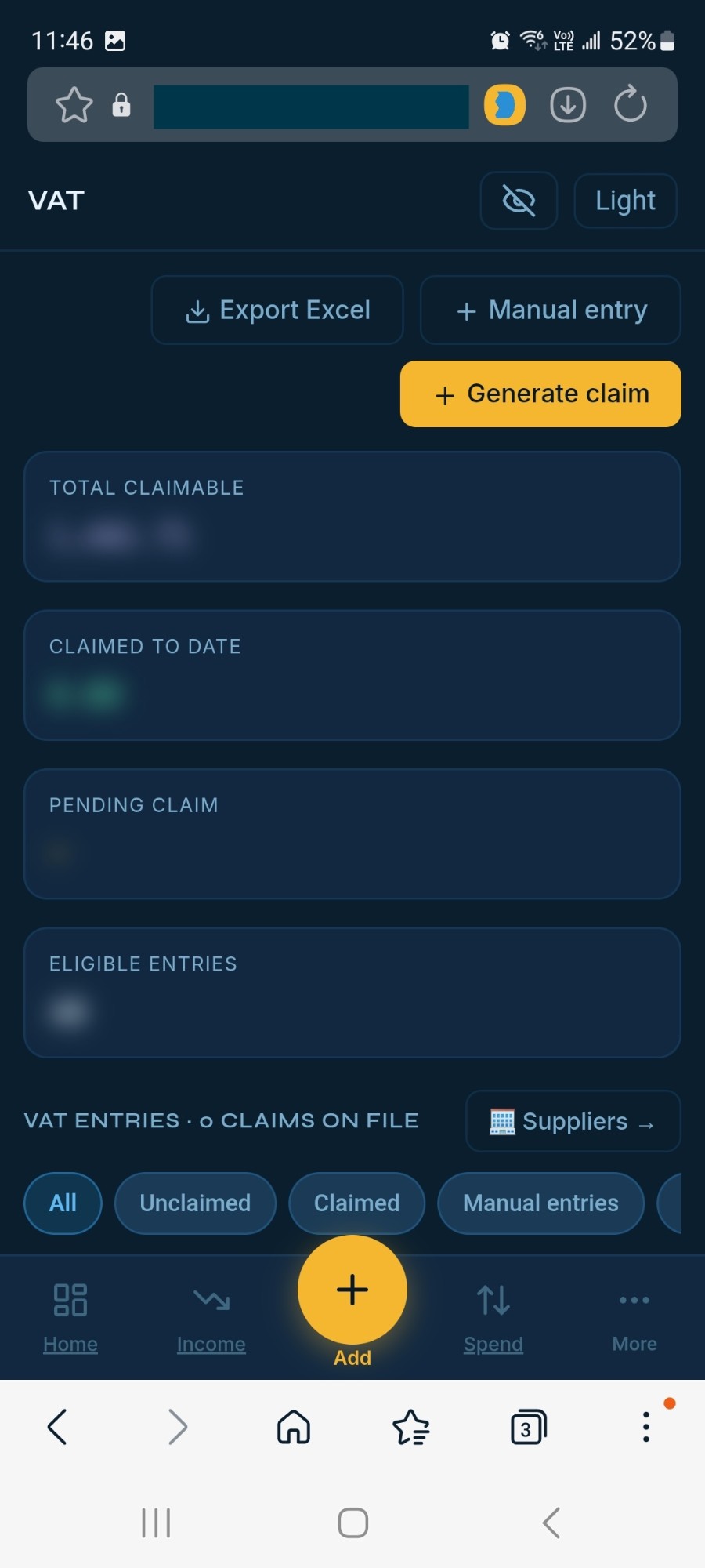 the VAT screen: total claimable, claimed to date, one button to generate the claim