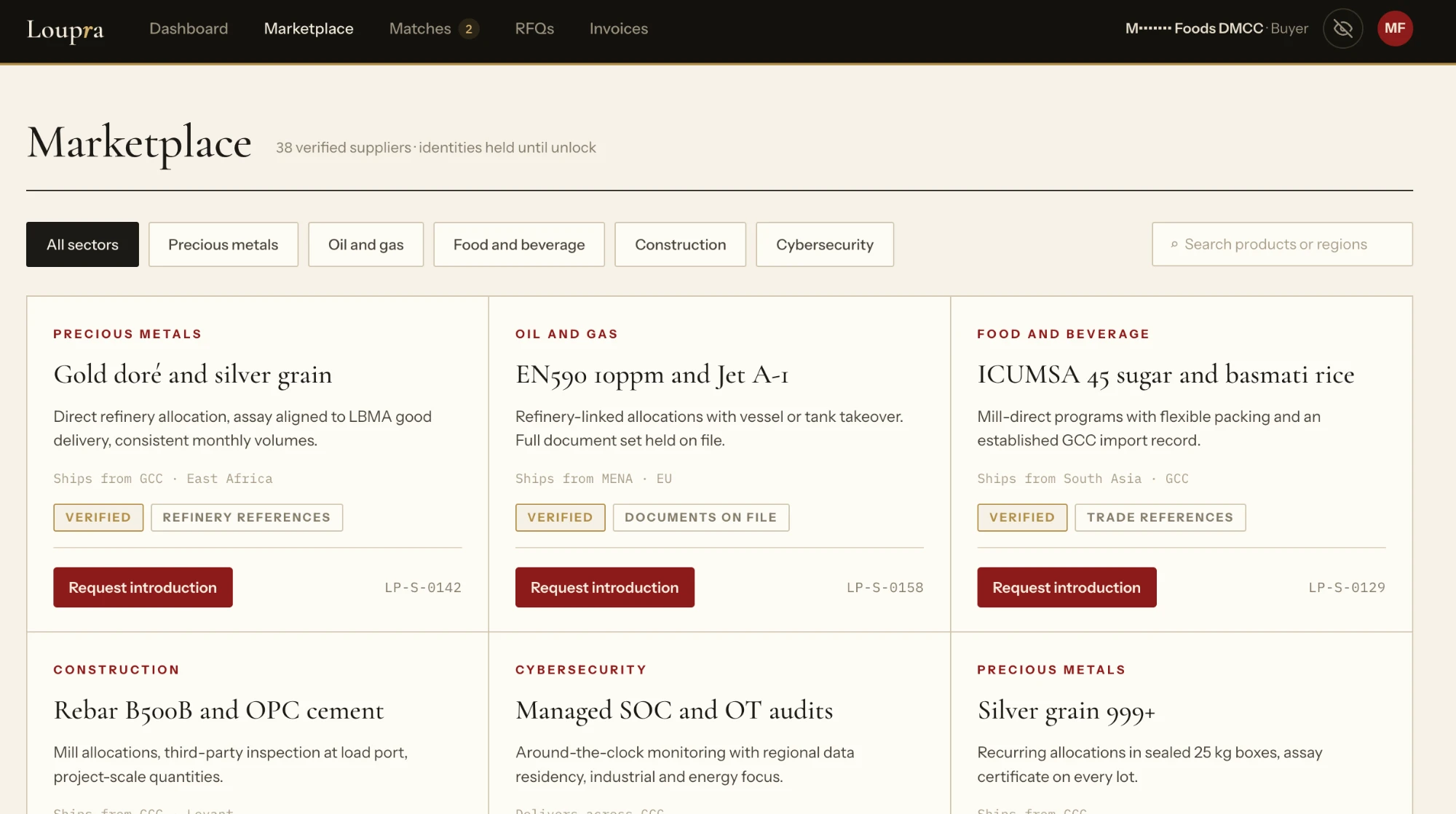 the buyer's marketplace: verified suppliers only, identities held until unlock