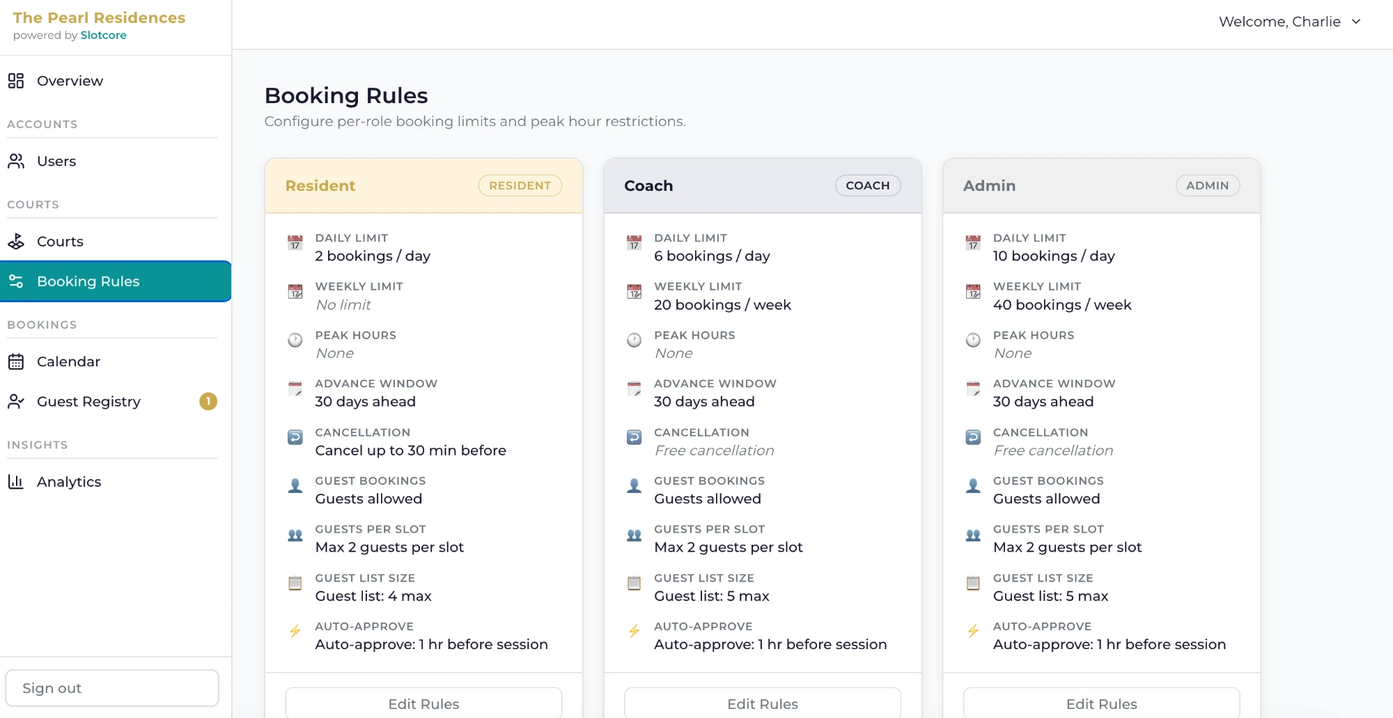 booking rules management sets once: limits, peak hours, cancellation windows