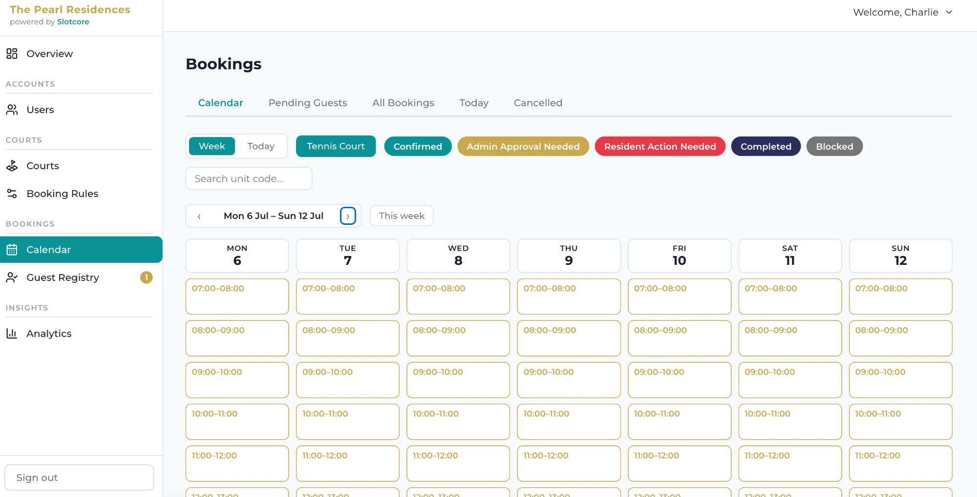 the admin calendar: every court, every slot, one week view