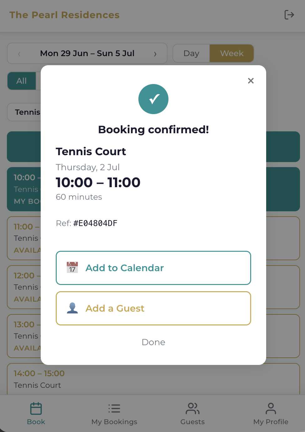 booked from the phone: confirmation, add to calendar, add a guest