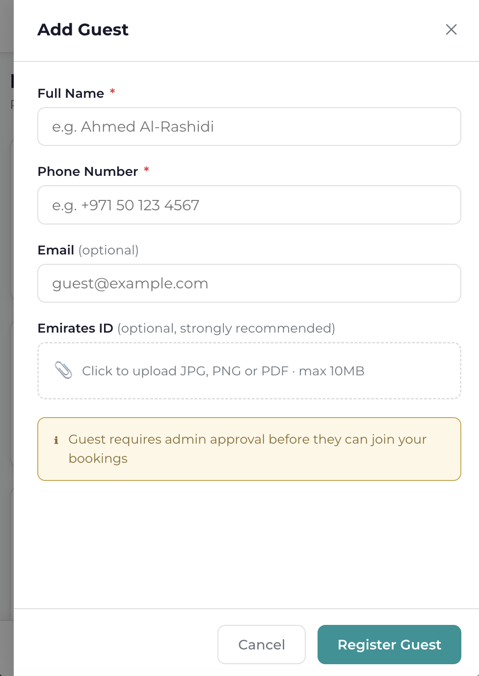 the guest registry: register once with Emirates ID, approved once, covers every future booking